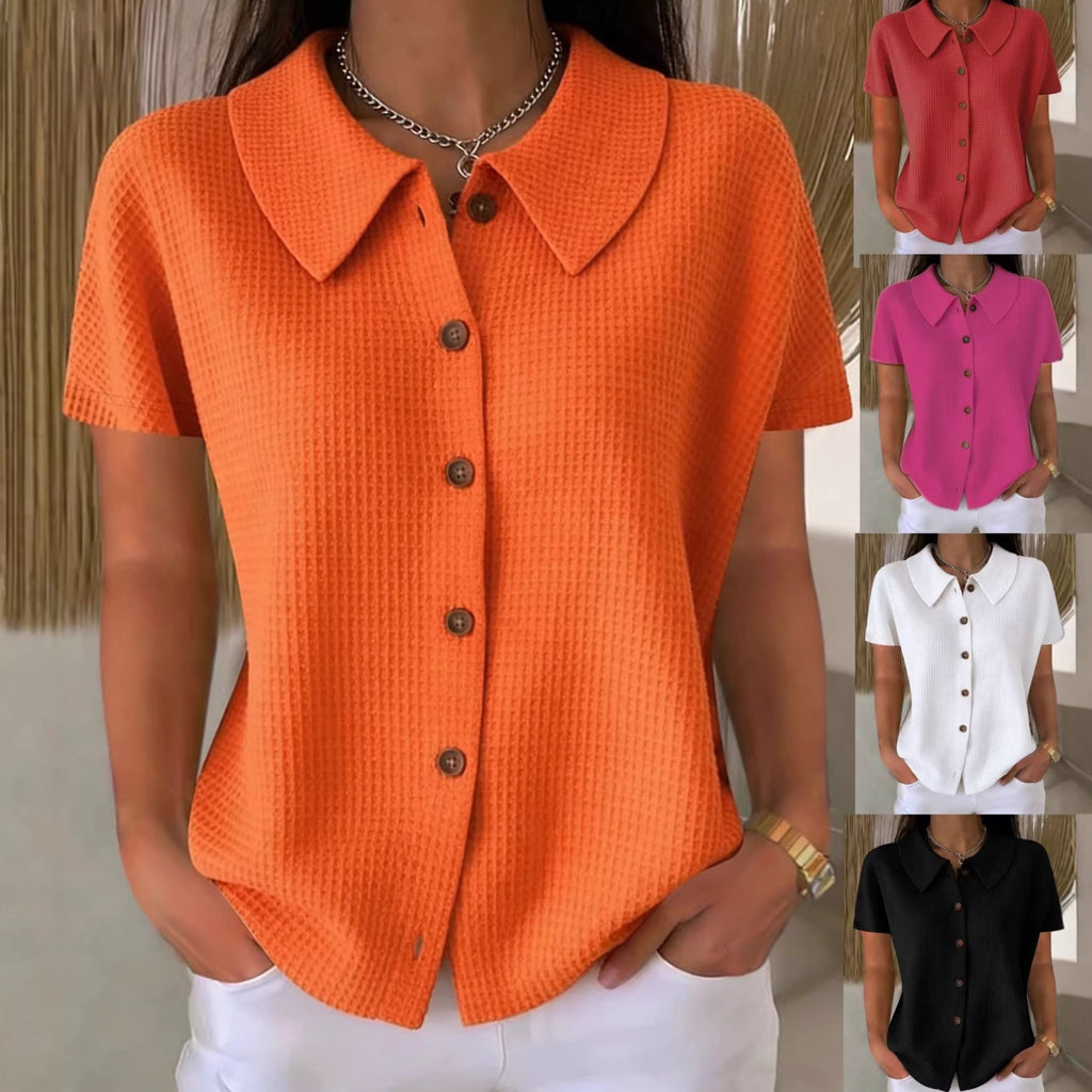 Orange button-up shirt worn by a person with additional color options displayed.
