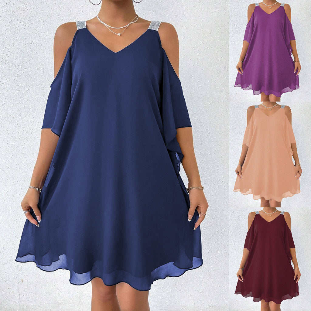 Solid Color V Neck Elegant European And American Style Dress for Women