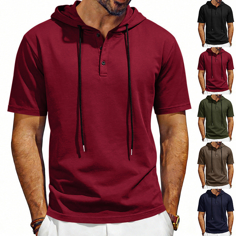 Red hoodie with short sleeves worn by a person, displayed against a white background.