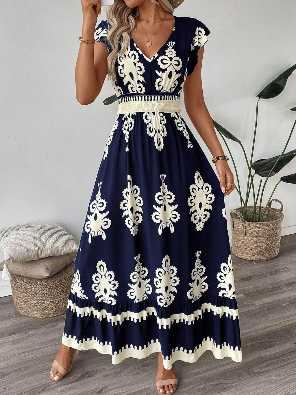 Printed Ruffle Hem Cami Maxi Dress – Loose Fit - ZA-Zola