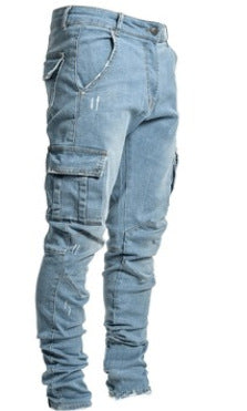 Light blue jeans with multiple pockets on a white background