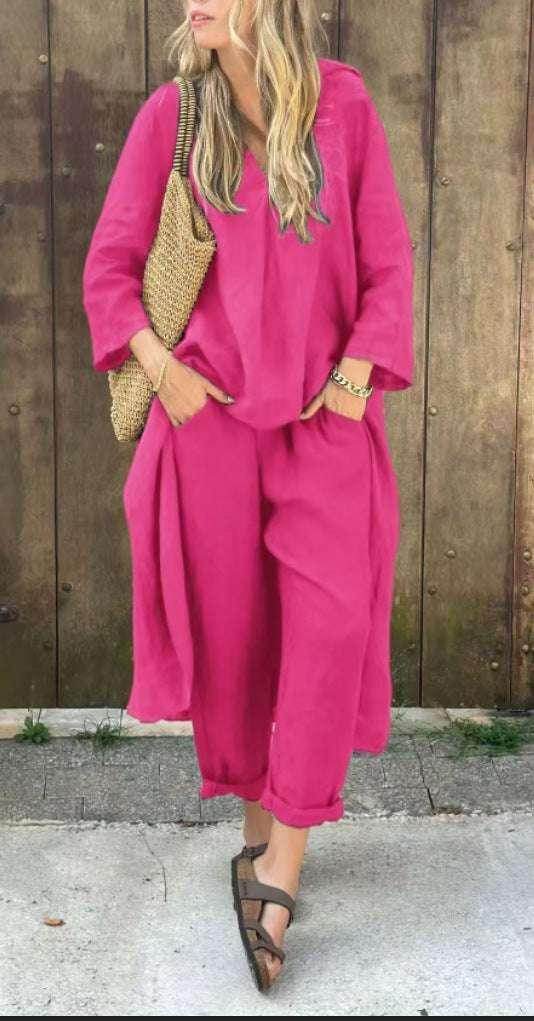 Loose V-Neck Set With Pockets – 2pcs Suit - ZA-Zola