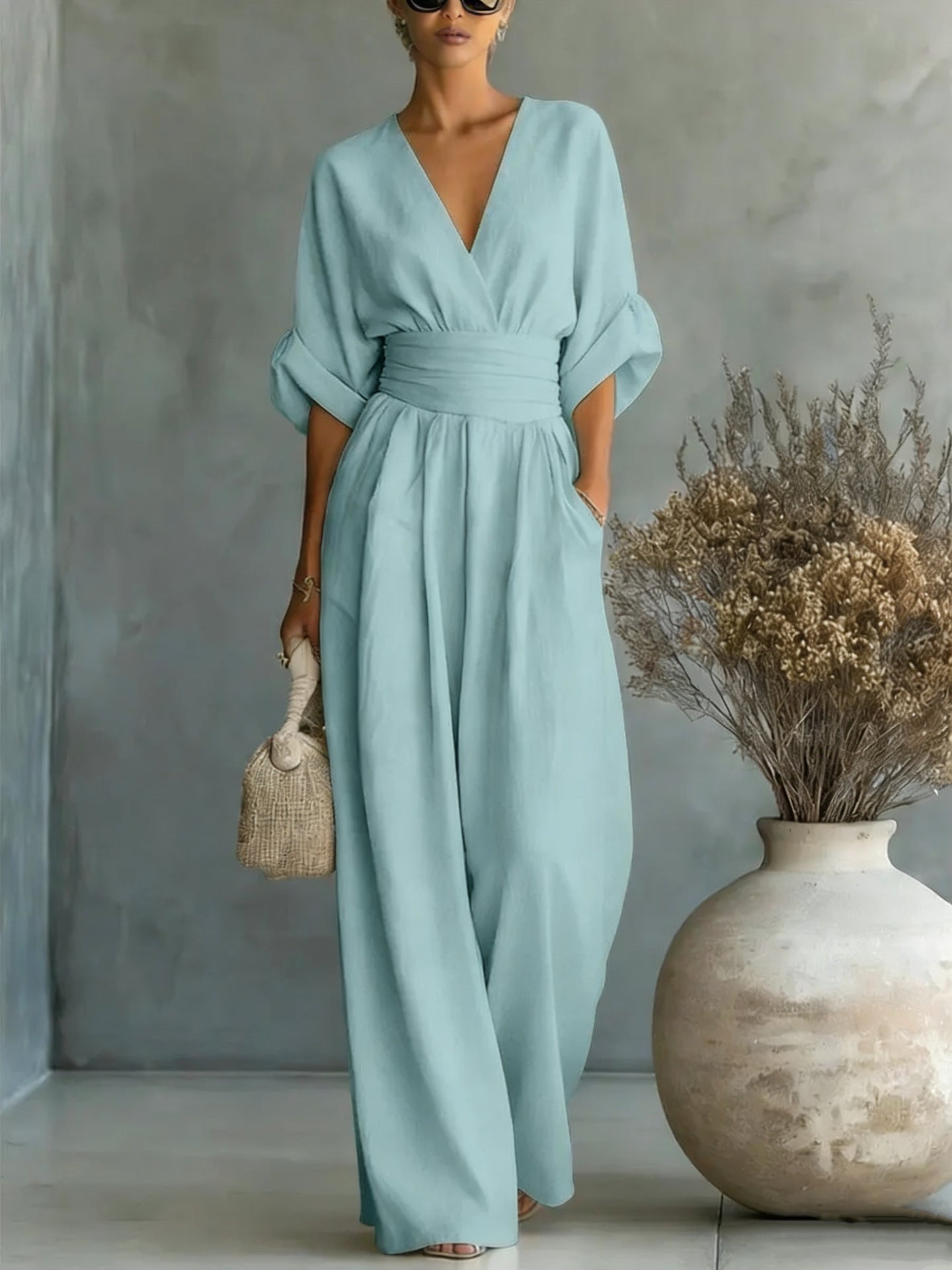 V Neck Wide Leg Jumpsuit – Short Sleeve Elegant Summer Casual Women Outfit