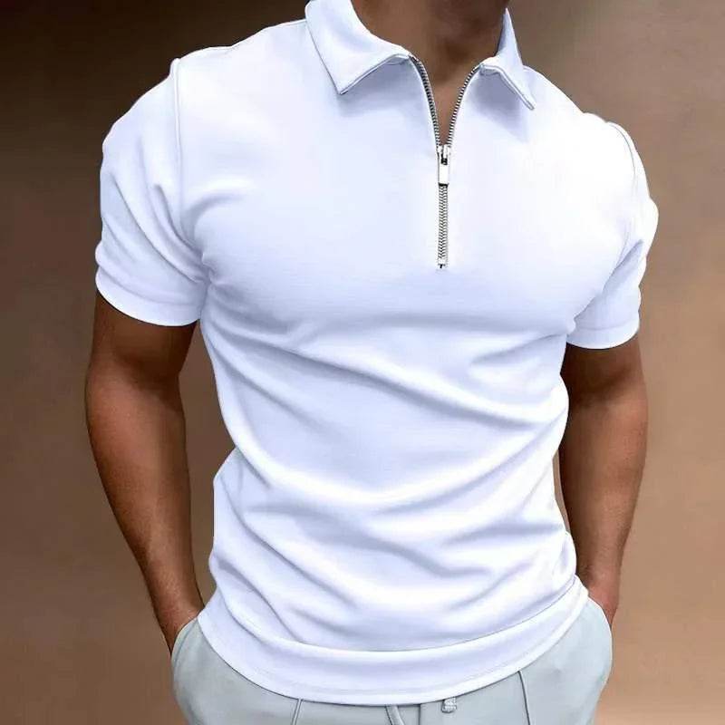 Men’s stylish white zip polo shirt from ZA-Zola, modern casual fashion for the UK market