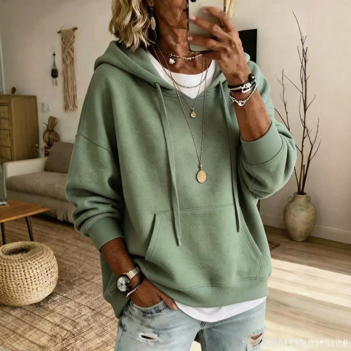 A person taking a mirror selfie in a living room wearing a sage green oversized pullover hoodie over a white t-shirt and light-wash distressed jeans.