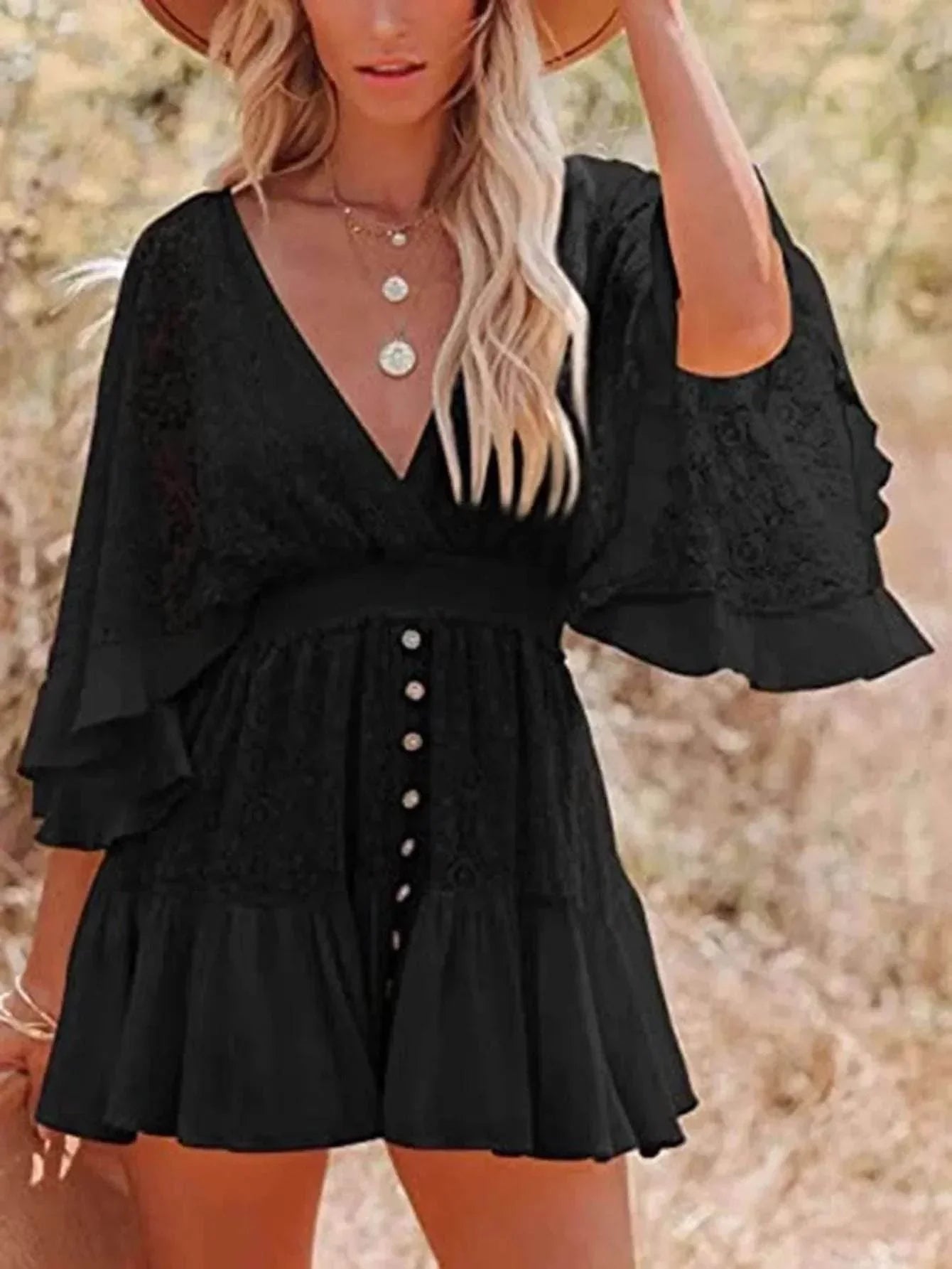 V-Neck Lace A-Line Dress – Hollow-Out Summer Look - ZA-Zola