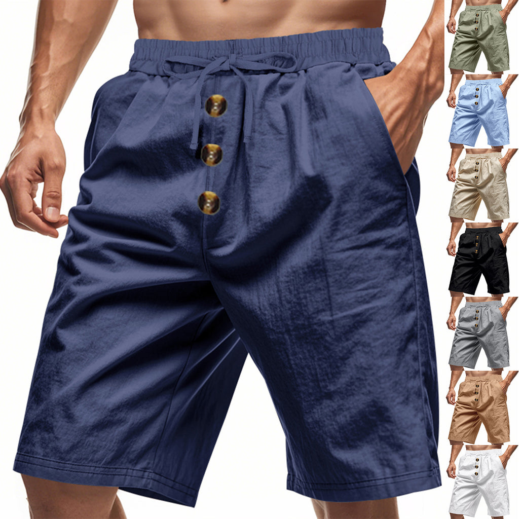 Navy blue shorts with gold buttons on a white background, featuring multiple color options.