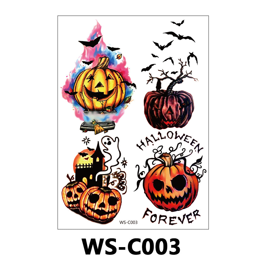 A Halloween-themed temporary tattoo sheet featuring four distinct designs: a jack-o'-lantern with pink and blue watercolor flames, a spooky tree pumpkin with bats, a haunted house with a ghost and smaller pumpkins, and a smiling jack-o'-lantern with the text 'HALLOWEEN FOREVER'. The sheet is labeled with the code 'WS-C003' at the bottom, and the entire image is framed with a white border.
