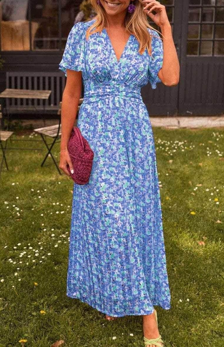 Floral V-Neck Waist Dress – Flowy & Feminine Fit - ZA-Zola