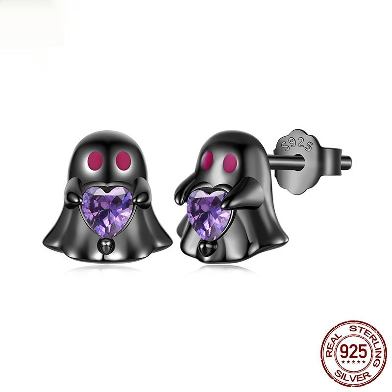 Ghost-shaped earrings with purple heart stones on a white background