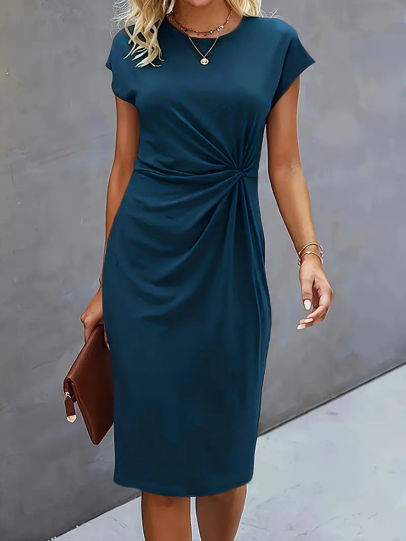 Women's Casual Front Knot Round Neck Midi Bodycon Dress
