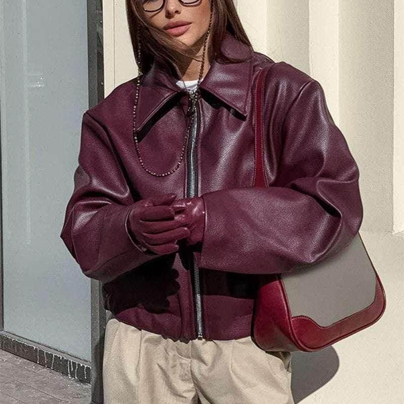 Shop Solid Color Lapel Zipper Jacket for Women | Casual Leather Coat - ZA-Zola