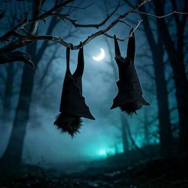 Two black bat silhouettes hanging upside down from bare tree branches in a misty forest at night under a crescent moon, with teal-blue fog and glowing light in the background.