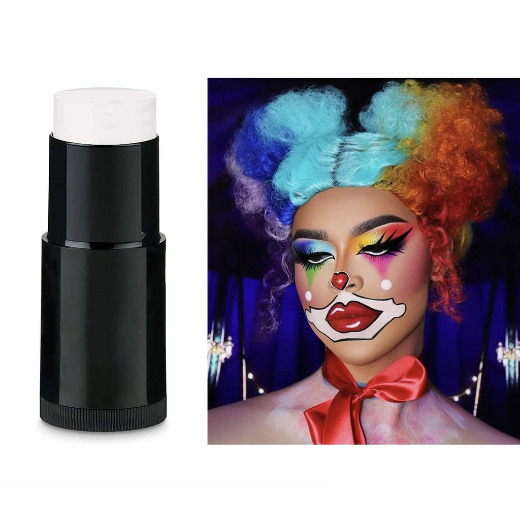 A black makeup stick with a white cap shown next to a model wearing colorful clown makeup and a rainbow wig, on a white background.