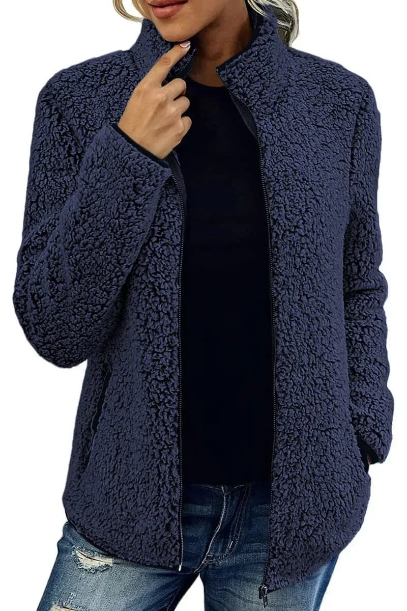 Women Bubble Velvet Sweatshirt – Warm Zipper Stand Collar Top - ZA-Zola