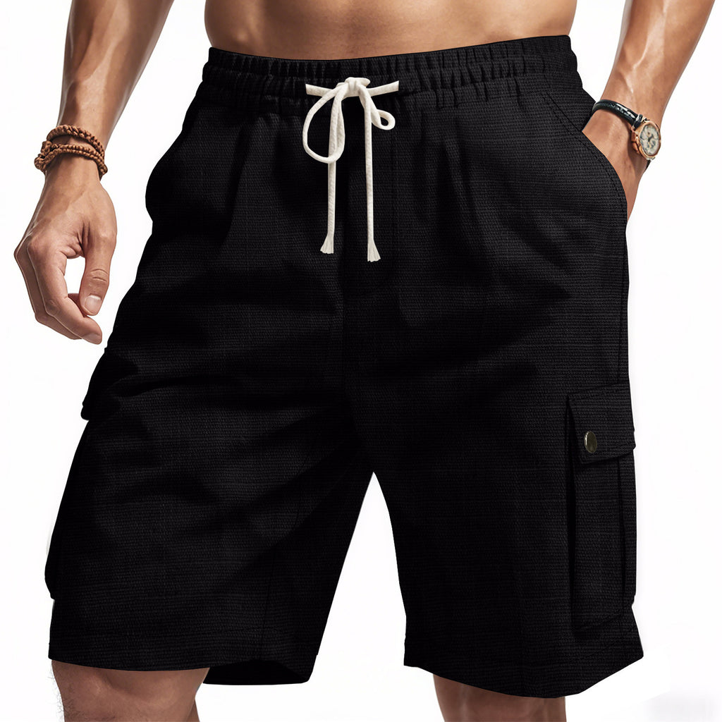 Black cargo shorts with a drawstring on a white background