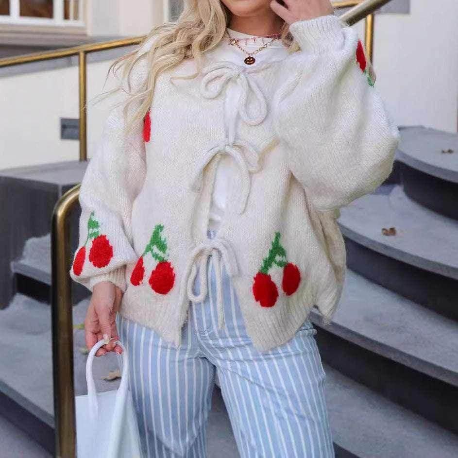 Cherry Embroidered Cardigan Sweater Women - ZA-Zola