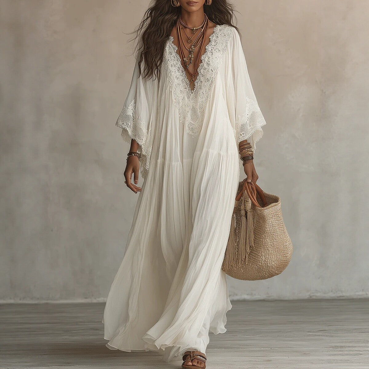 A woman wearing a flowing white maxi dress with lace trim and wide sleeves, carrying a woven straw tote bag, standing against a textured neutral wall.