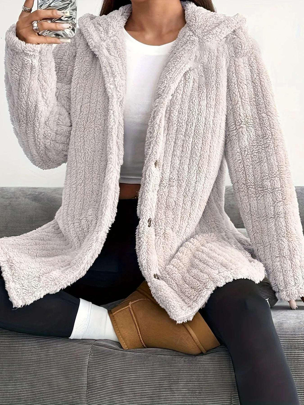 Women’s Hooded Plush Coat – Loose Long Sleeve Jacket - ZA-Zola