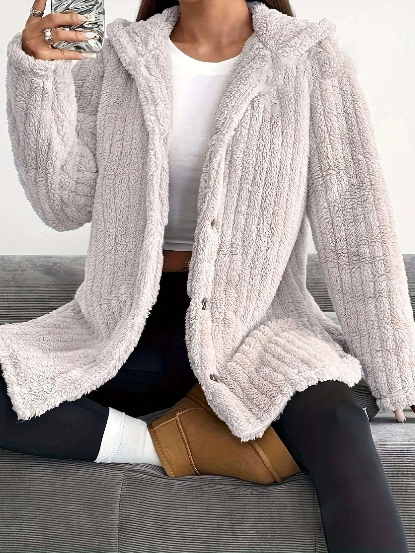 Women’s Hooded Plush Coat – Loose Long Sleeve Jacket - ZA-Zola
