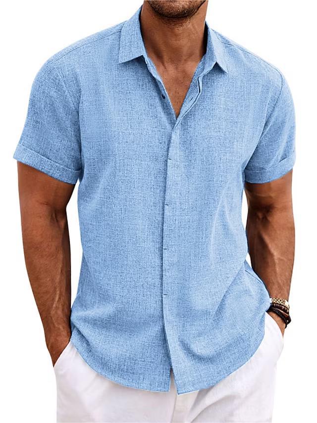 Man wearing a blue short-sleeve shirt on a white background