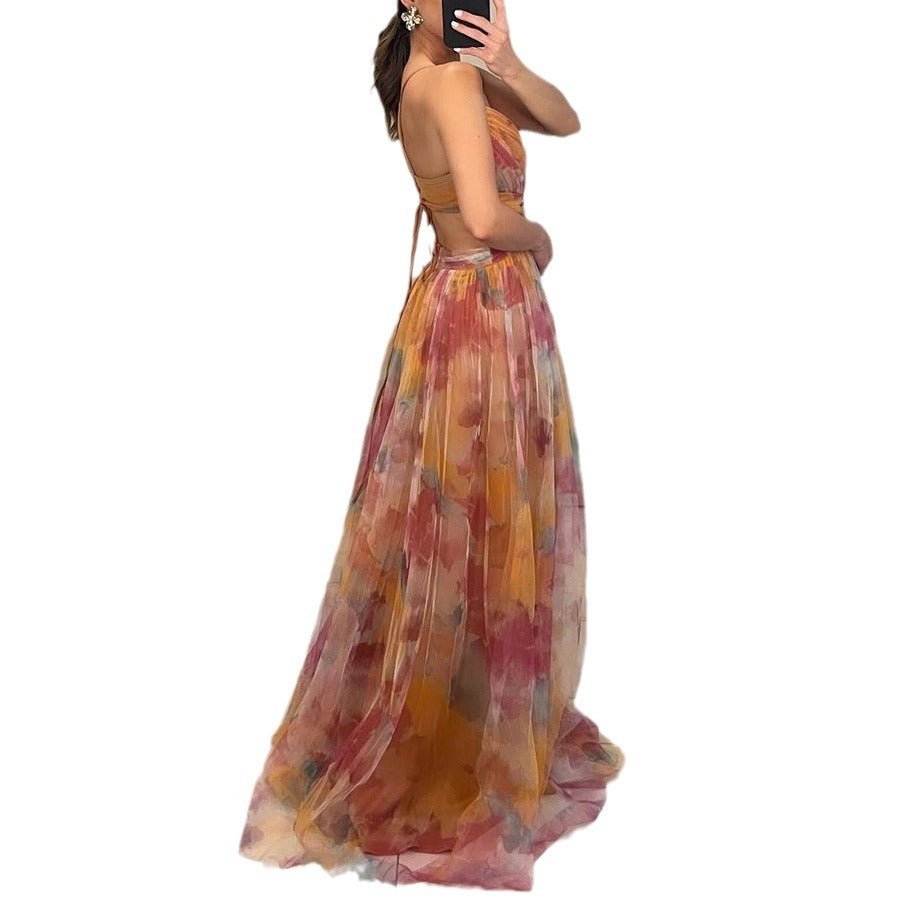 Woman wearing a colorful floral dress on a white background