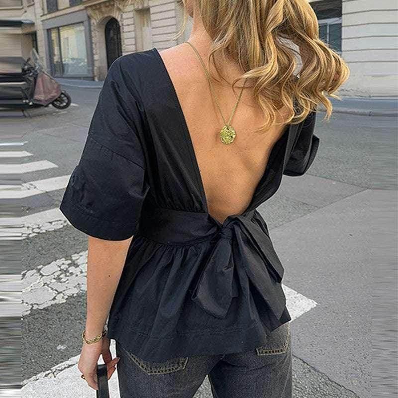 Backless Tied Bat Sleeve Summer T-Shirt - ZA-Zola