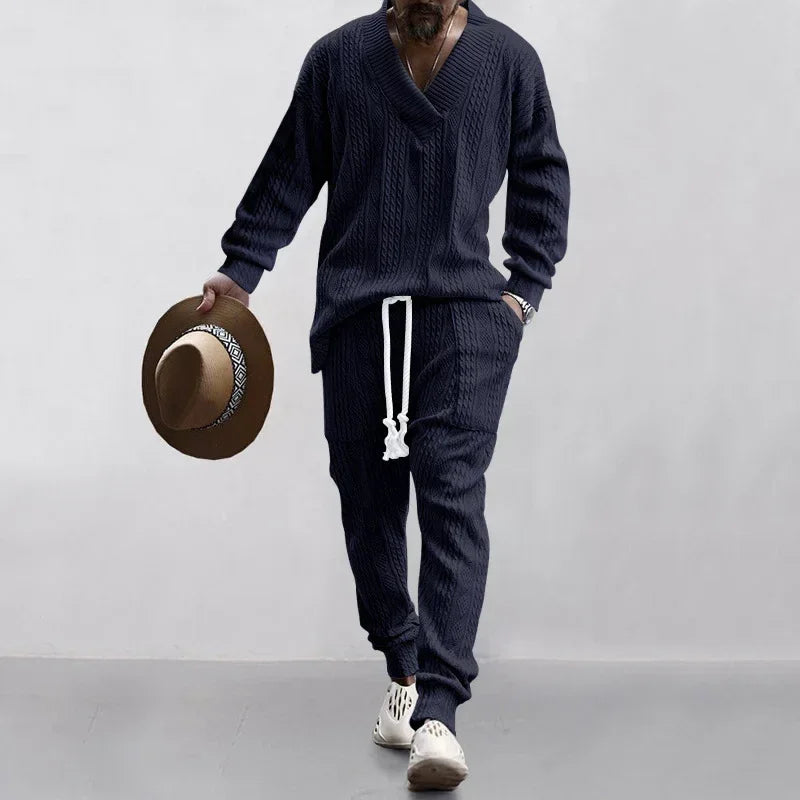 Men’s Sweater Set – V-Neck Jacquard Knit Top & Trousers - ZA-Zola