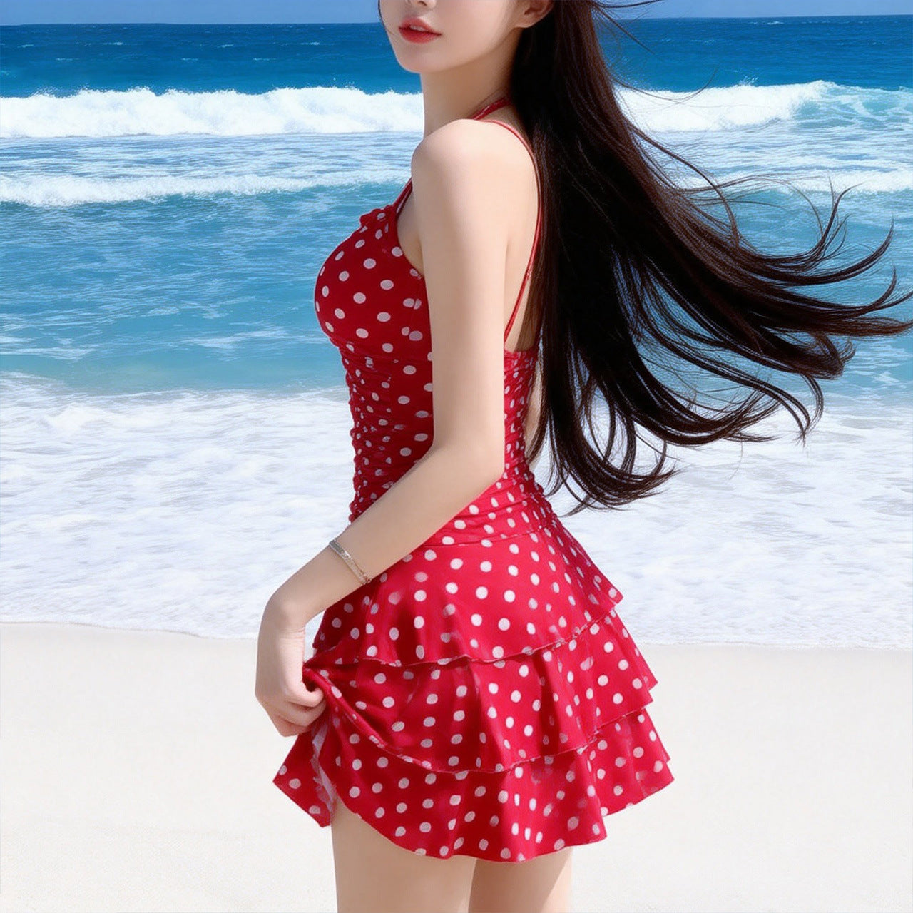 Woman in a red polka dot dress standing on a beach with ocean waves in the background
