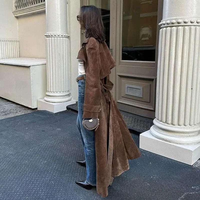 Double Breasted Suede Coat Women – Vintage Belted Long Winter Coat - ZA-Zola