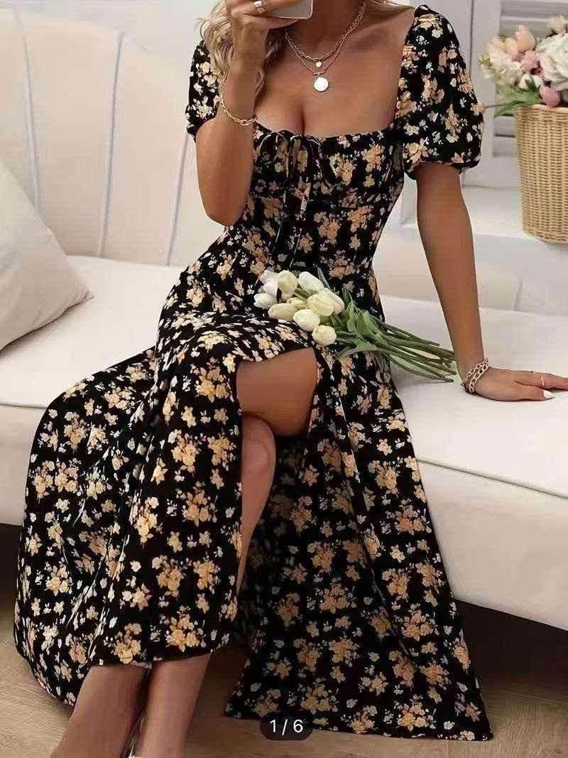 Floral Split Maxi Dress with Lace-Up Waist - ZA-Zola