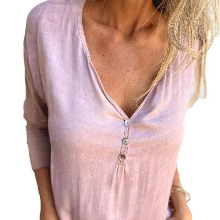 V-Neck Slim Fit Solid Color Long Sleeve Top - ZA-Zola