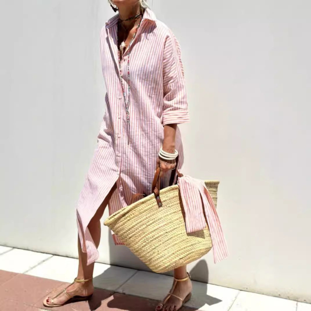 Striped Shirt Dress with Belt Half Sleeve Lapel Button Cardigan Dress Women's Fashion Clothing