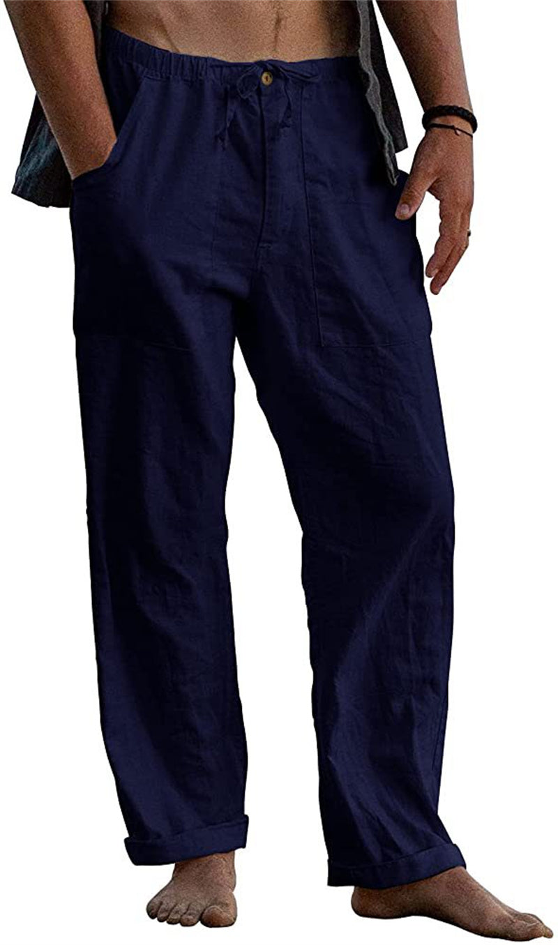Navy blue pants worn by a person on a white background