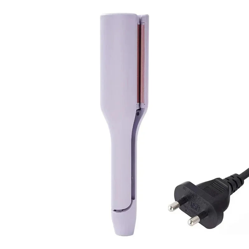 Purple electric hair straightener with EU plug on white background