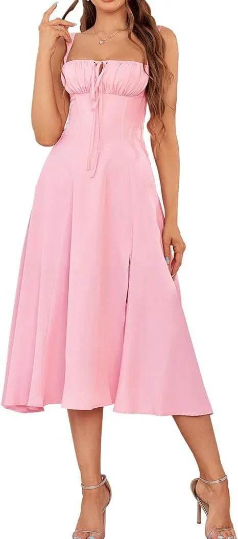 Elegant Lace-Up Mid Dress with Corset & Side Slit - ZA-Zola