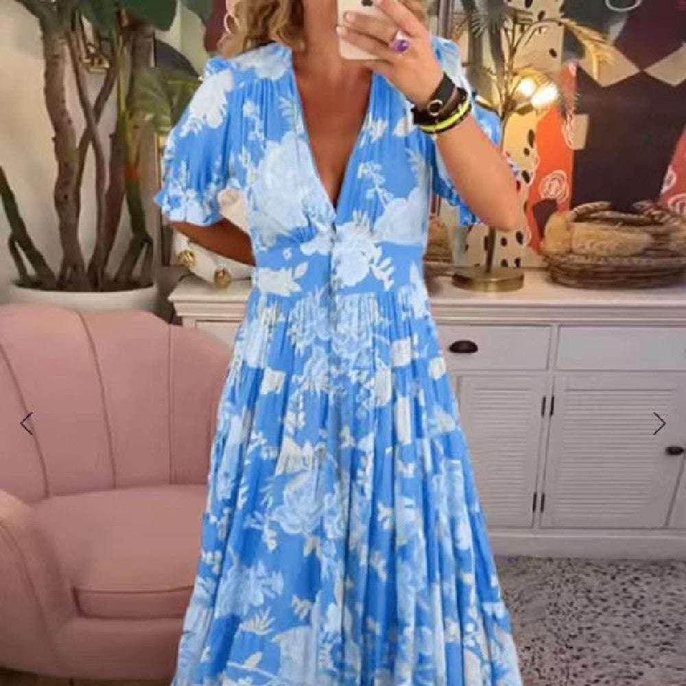 Printed V-Neck Maxi Dress – Flowy & Fresh - ZA-Zola