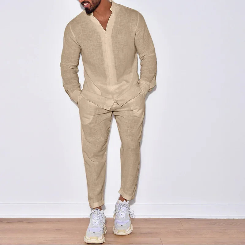 Men Linen Lounge Suit Long Sleeve Shirt & Trousers - ZA-Zola