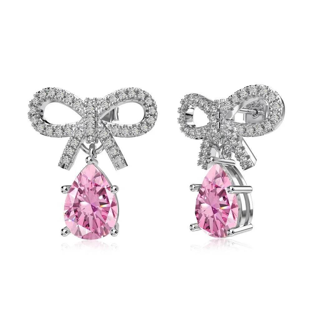 S925 Pink Pear-Shaped Bow Earrings – Elegant Women's Jewelry - ZA-Zola