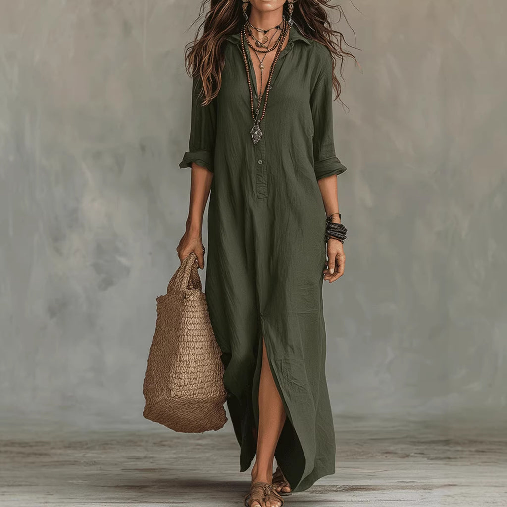 Woman wearing an olive green dress holding a woven bag against a neutral background