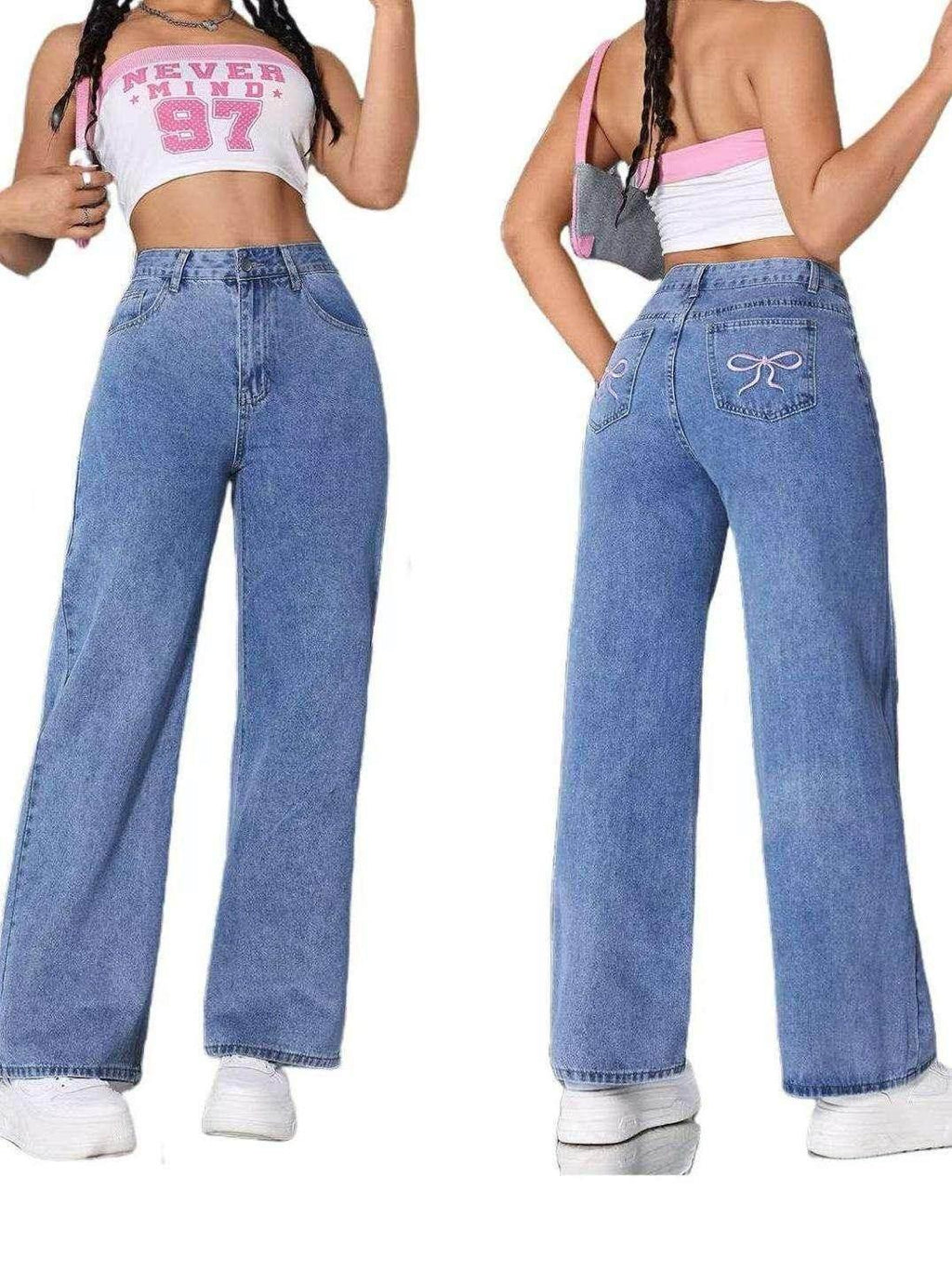 Vintage Bow Washed Straight Jeans for Women - ZA-Zola