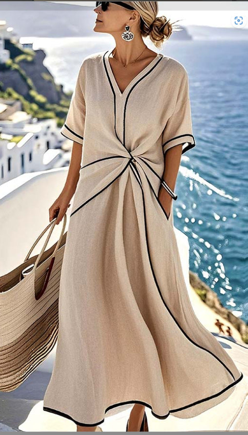Women’s Summer Striped Print Short Sleeve Casual Beach Maxi Dress