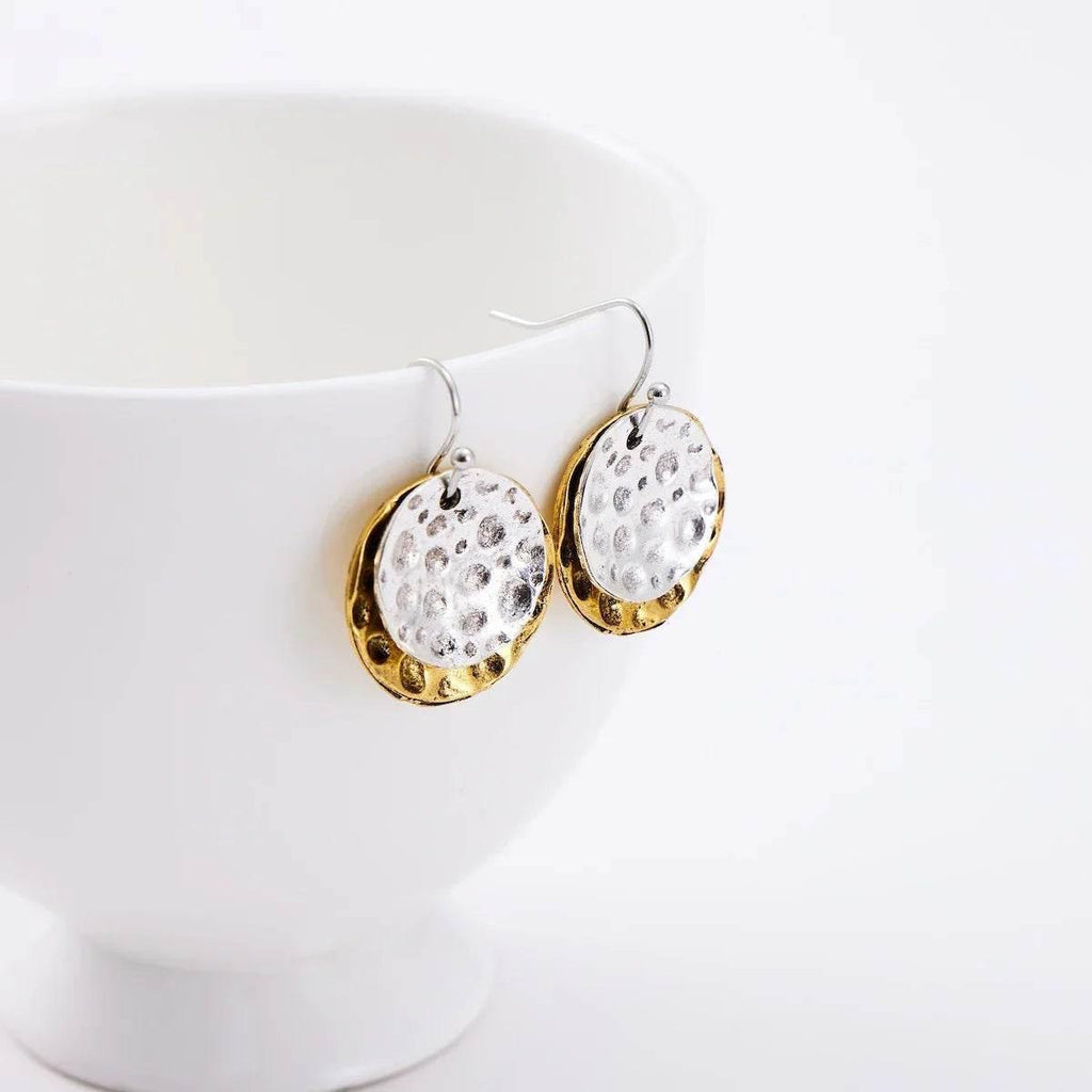 Boho Two-Tone Hammered Circle Pendant Earrings - ZA-Zola