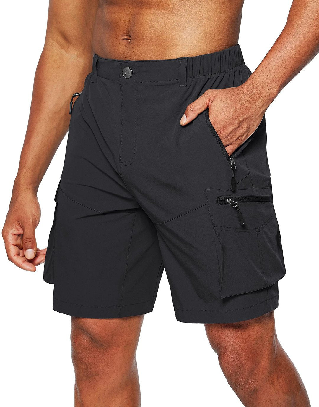 Black cargo shorts worn by a person on a white background