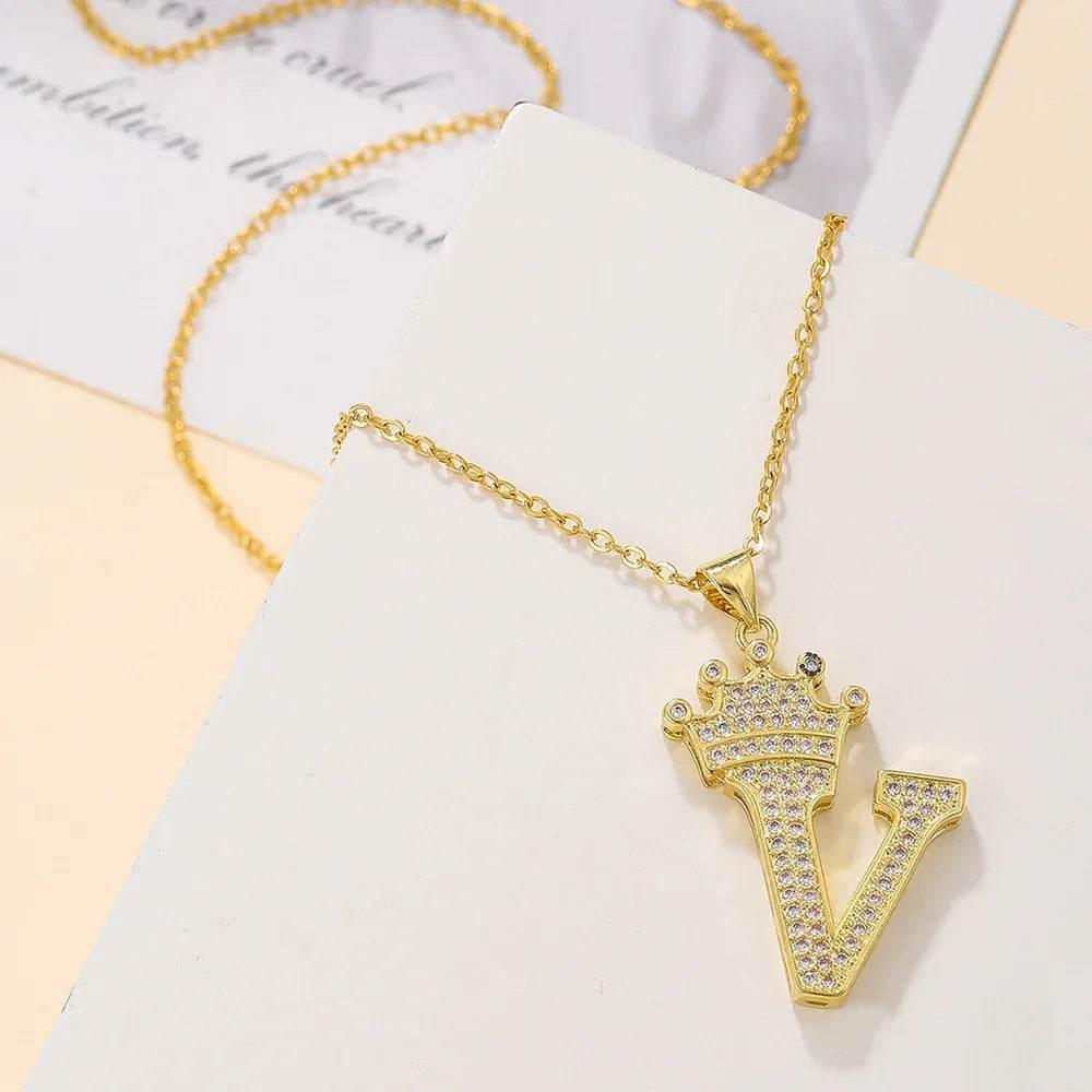 Gold Crown Initial Pendant Necklace for Daily Wear - ZA-Zola