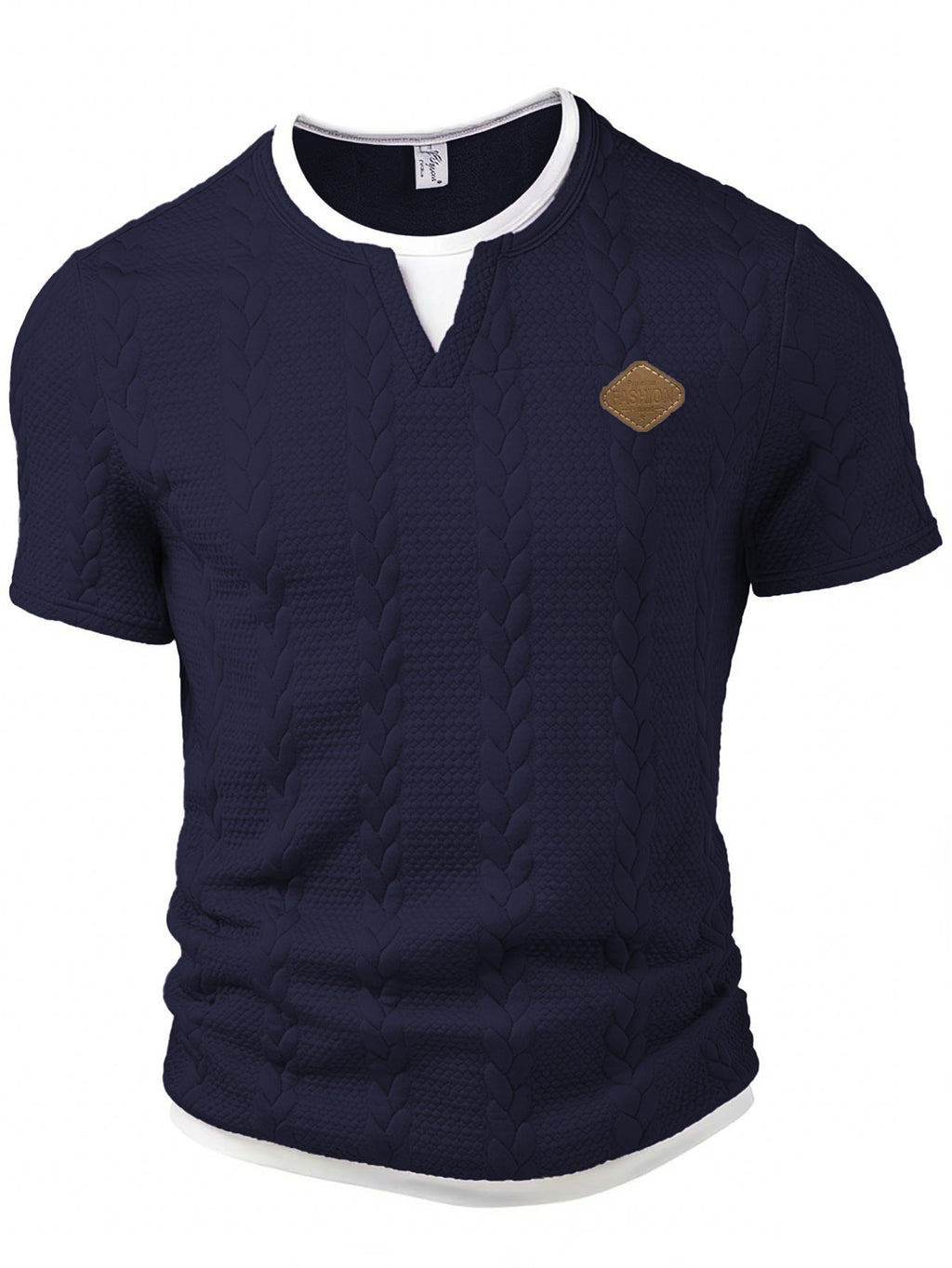 Navy blue short-sleeve sweater with a brown patch on a white background