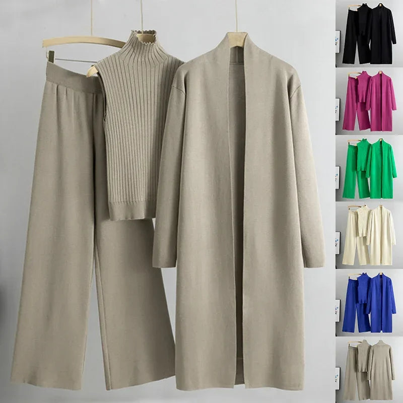 Women Knitted Three Piece Set – Stylish Vest, Cardigan & Pants Outfit - ZA-Zola