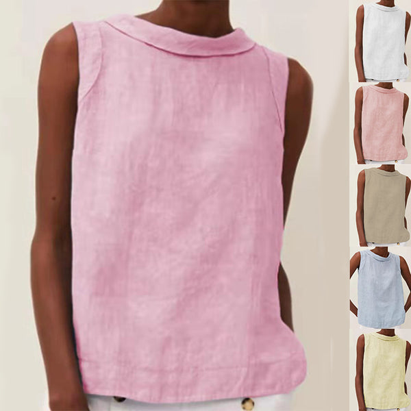 Woman wearing a pink sleeveless top with color swatches on the side.