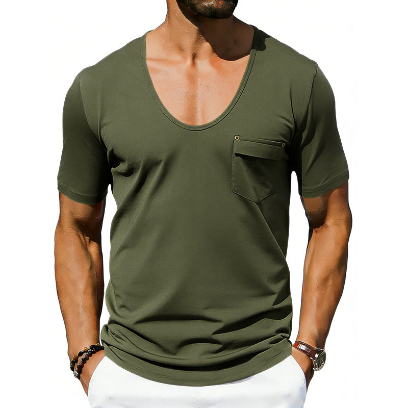 Man wearing a green t-shirt with a pocket on a white background