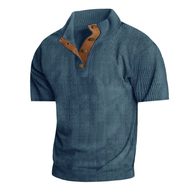 Blue ribbed sweater with brown buttons on a white background